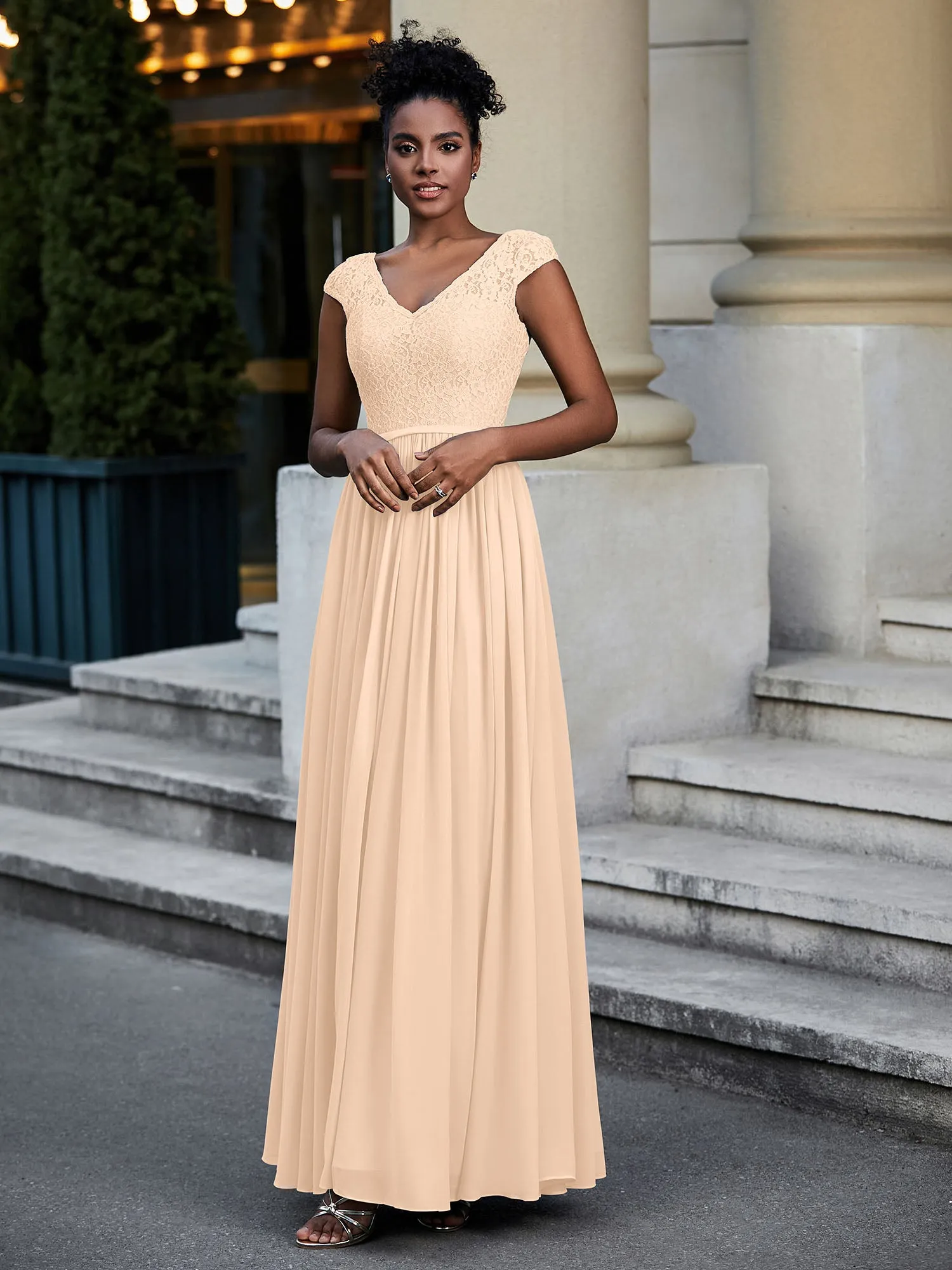 Lace and Chiffon Maxi Dress with Cap Sleeves-Peach