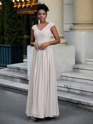 Lace and Chiffon Maxi Dress with Cap Sleeves-Silver