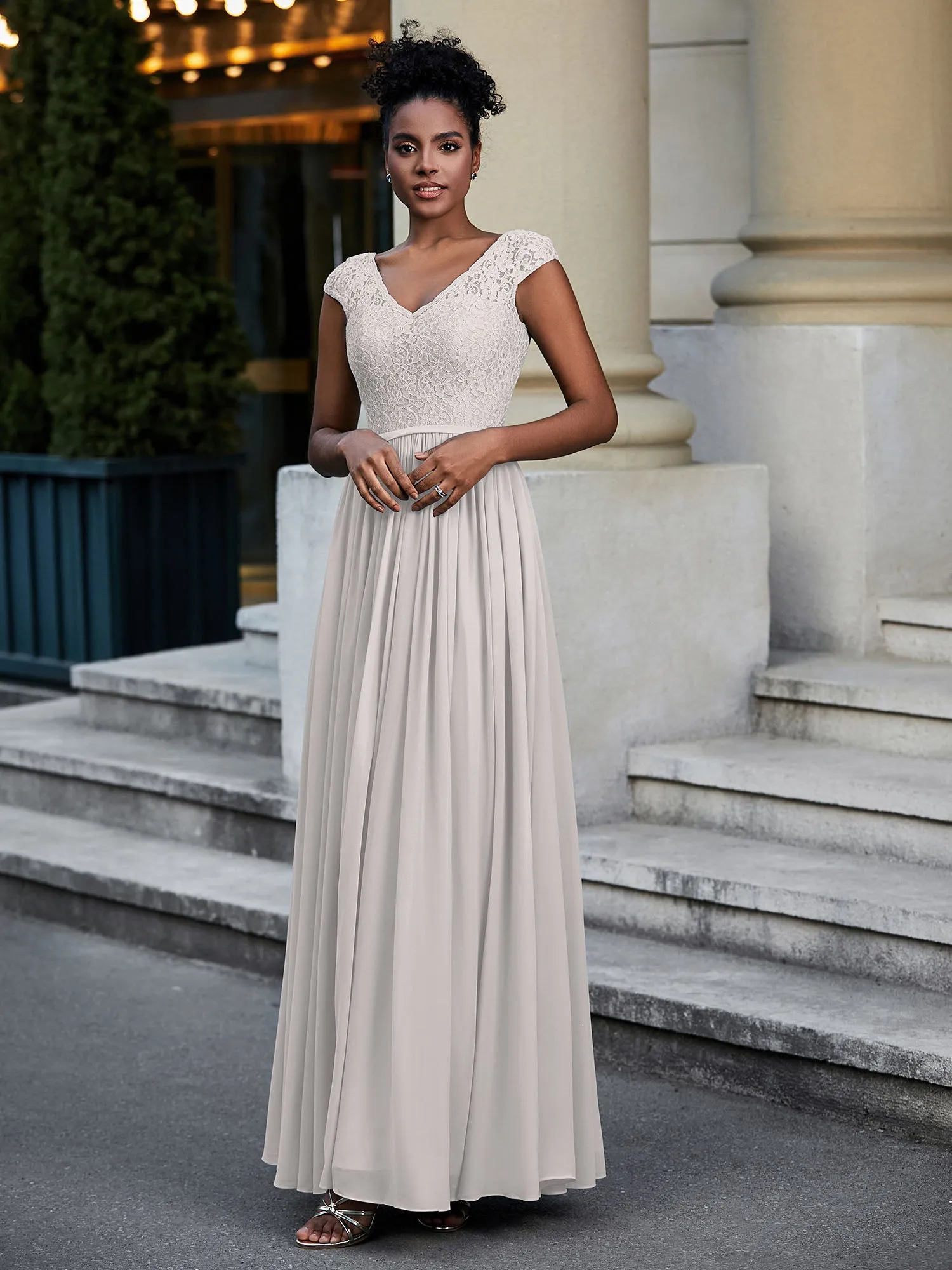Lace and Chiffon Maxi Dress with Cap Sleeves-Silver
