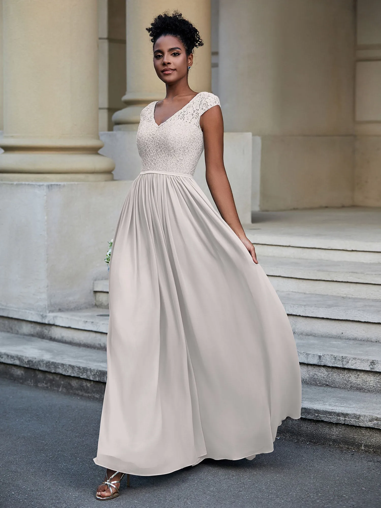 Lace and Chiffon Maxi Dress with Cap Sleeves-Silver