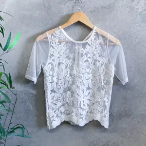 Ladies Short Sleeved Elegant Zip Back White Lace Top - Size 8