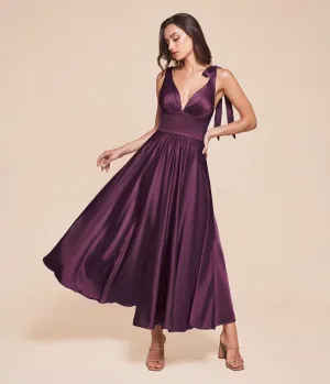 Ladivine by Cinderella Divine Eggplant Tea Length Satin A-Line Dress