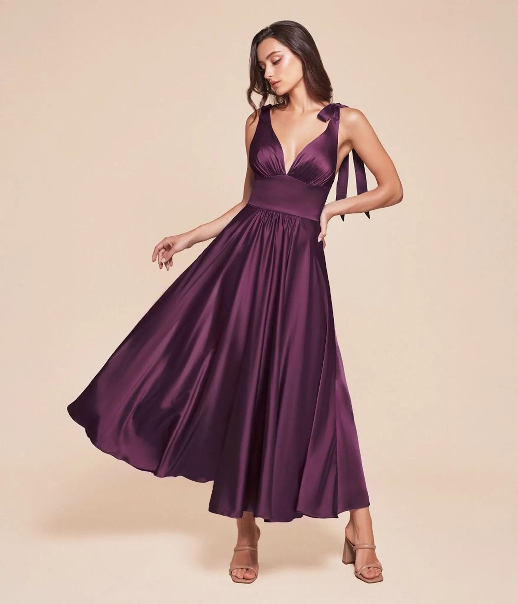 Ladivine by Cinderella Divine Eggplant Tea Length Satin A-Line Dress
