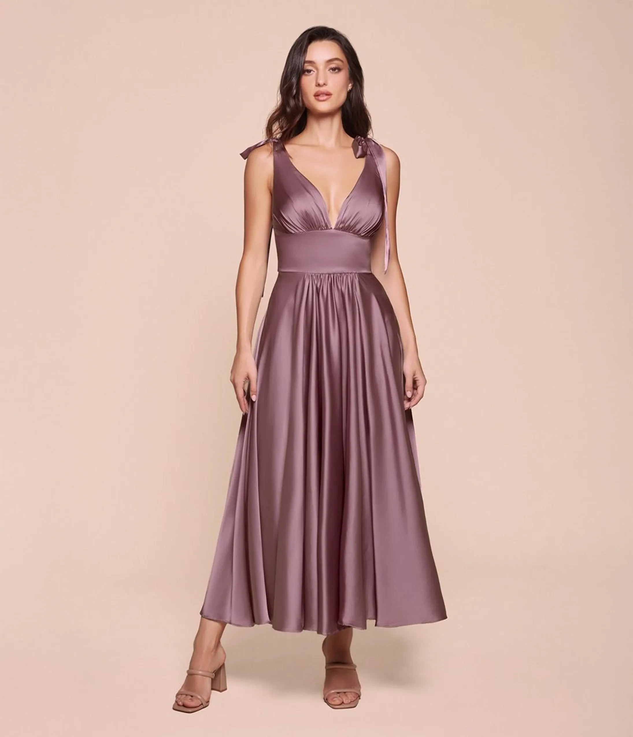 Ladivine by Cinderella Divine English Violet Tea Length Satin A-Line Dress