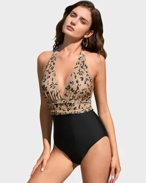 Leopard Print Deep V Halter Swimsuit