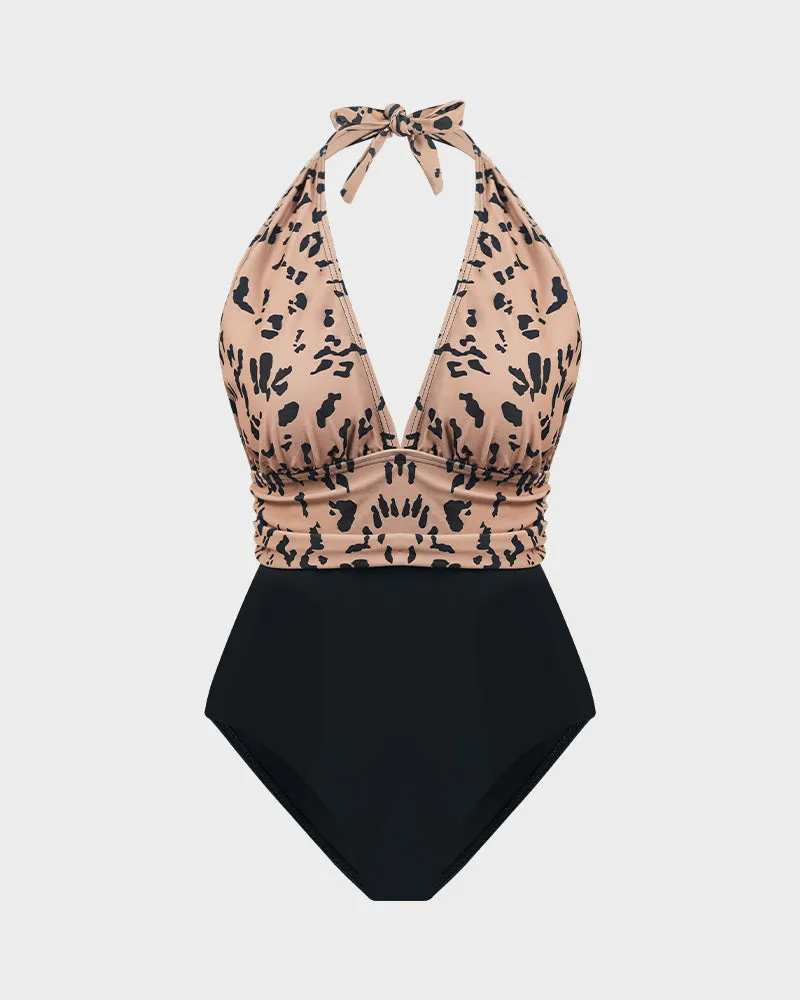 Leopard Print Deep V Halter Swimsuit