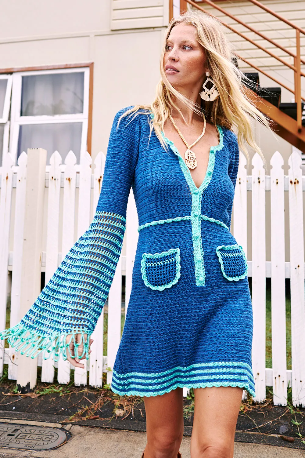 Listen To The Music Crochet Mini Dress - Ocean