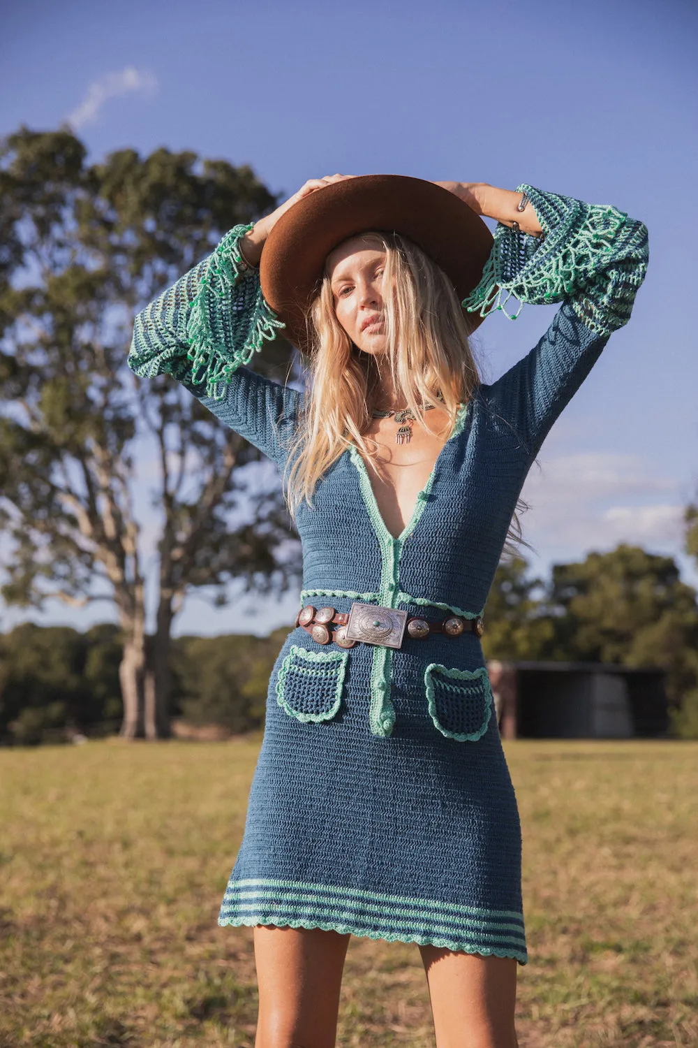 Listen To The Music Crochet Mini Dress - Ocean