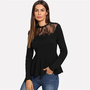 Long Sleeve Contrast Lace Peplum Top