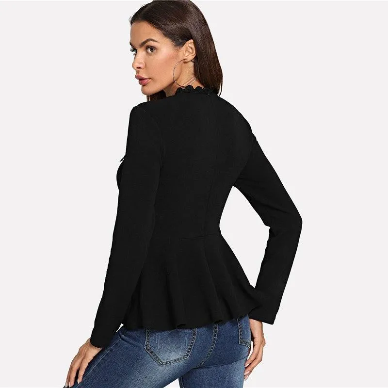 Long Sleeve Contrast Lace Peplum Top