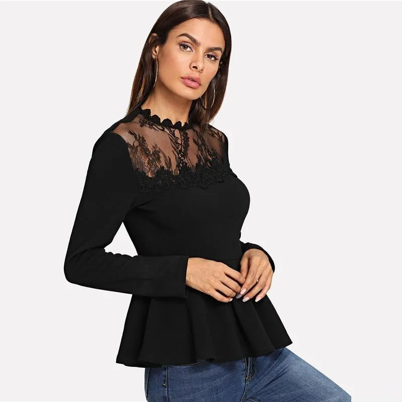 Long Sleeve Contrast Lace Peplum Top