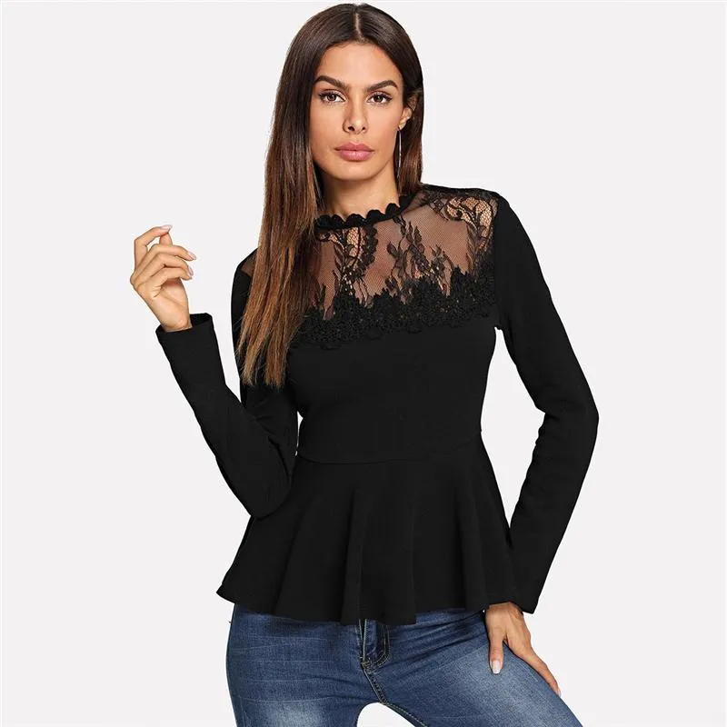Long Sleeve Contrast Lace Peplum Top