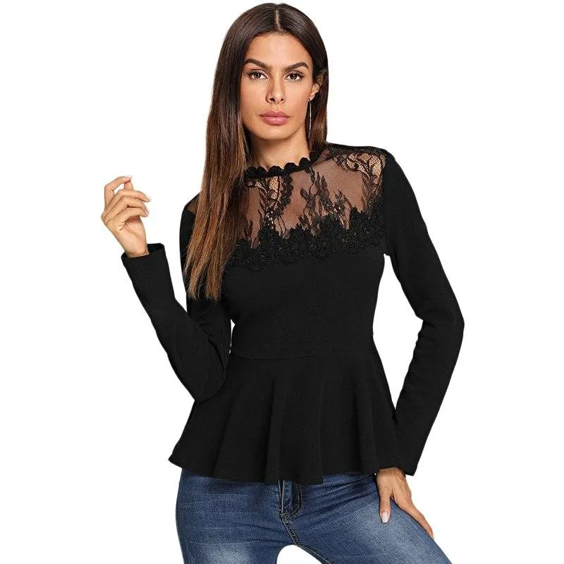 Long Sleeve Contrast Lace Peplum Top