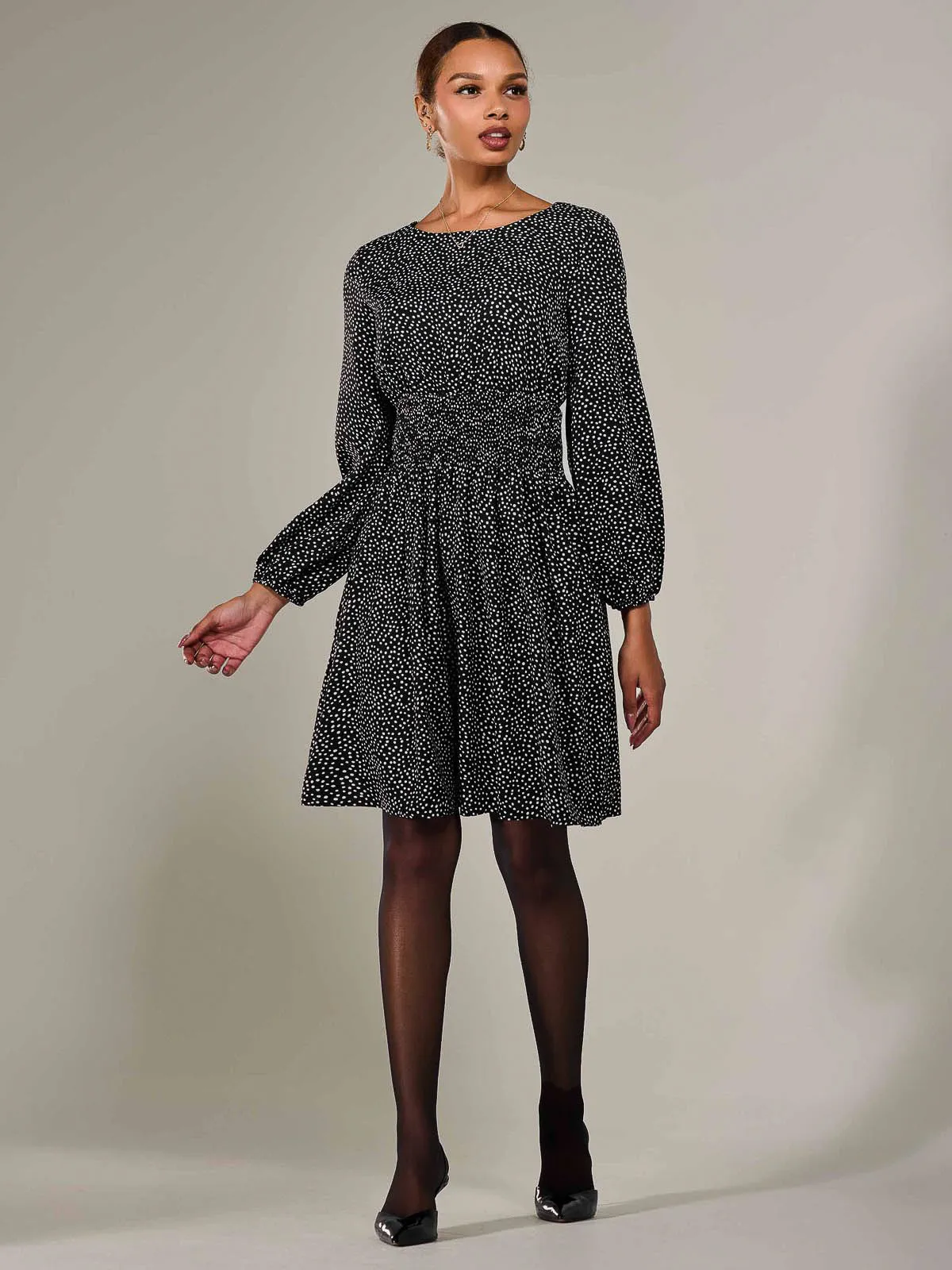 Long Sleeve Ruched Waist Midi Dress, Black Polka