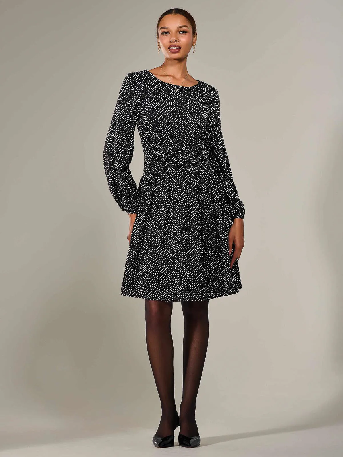 Long Sleeve Ruched Waist Midi Dress, Black Polka