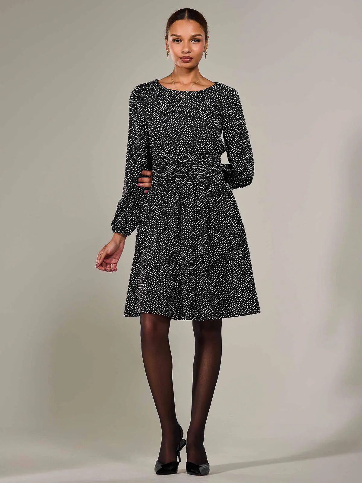 Long Sleeve Ruched Waist Midi Dress, Black Polka