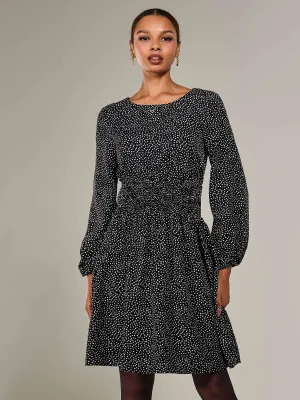 Long Sleeve Ruched Waist Midi Dress, Black Polka