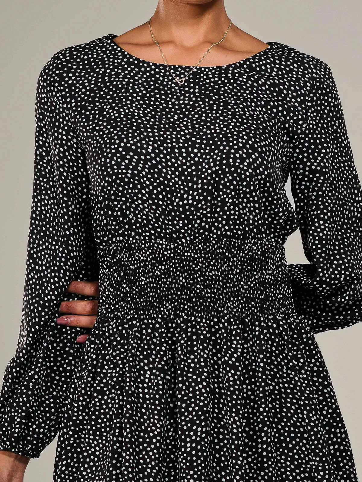 Long Sleeve Ruched Waist Midi Dress, Black Polka