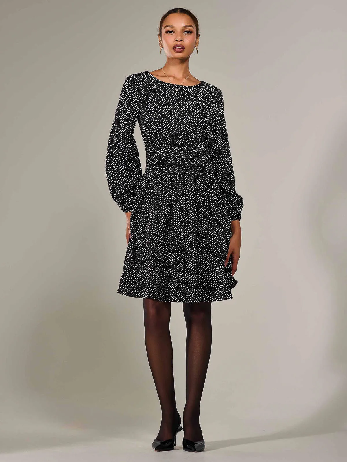 Long Sleeve Ruched Waist Midi Dress, Black Polka