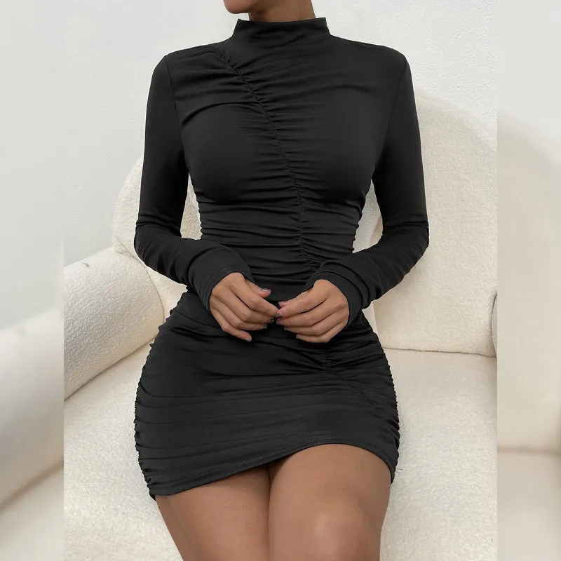 Long Sleeve Turtleneck Pleated Slim-fit Dress