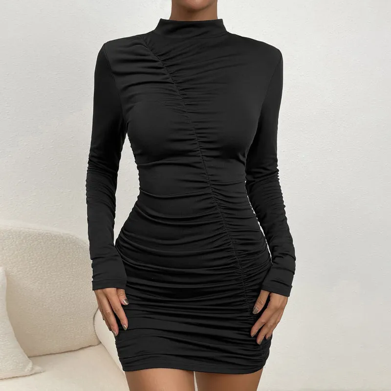 Long Sleeve Turtleneck Pleated Slim-fit Dress