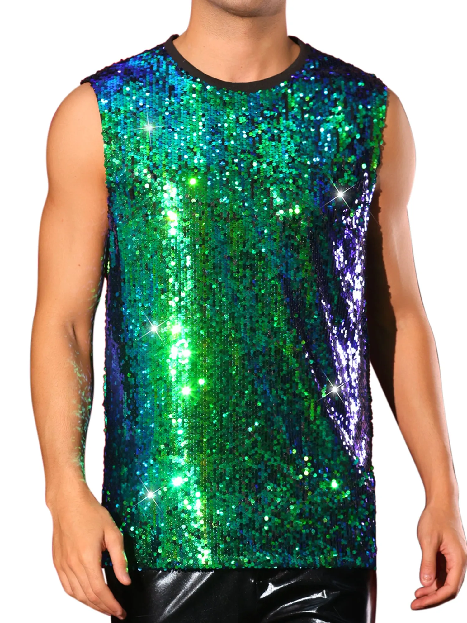 Men's Sequin Sleeveless Round Neck Glitter Disco Sparkly Metallic Party Tank Top