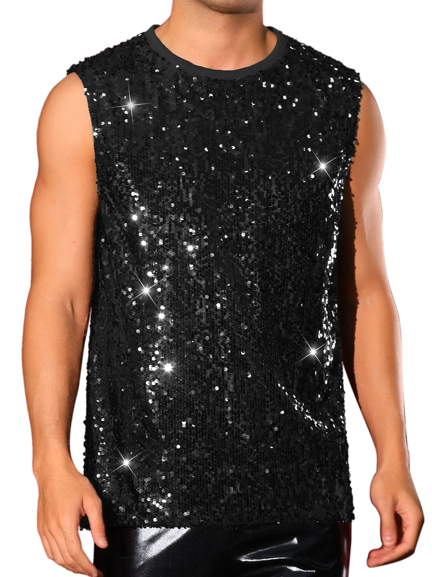 Men's Sequin Sleeveless Round Neck Glitter Disco Sparkly Metallic Party Tank Top