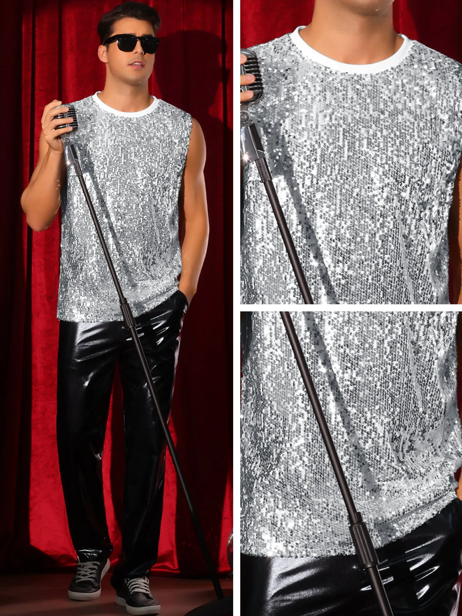 Men's Sequin Sleeveless Round Neck Glitter Disco Sparkly Metallic Party Tank Top