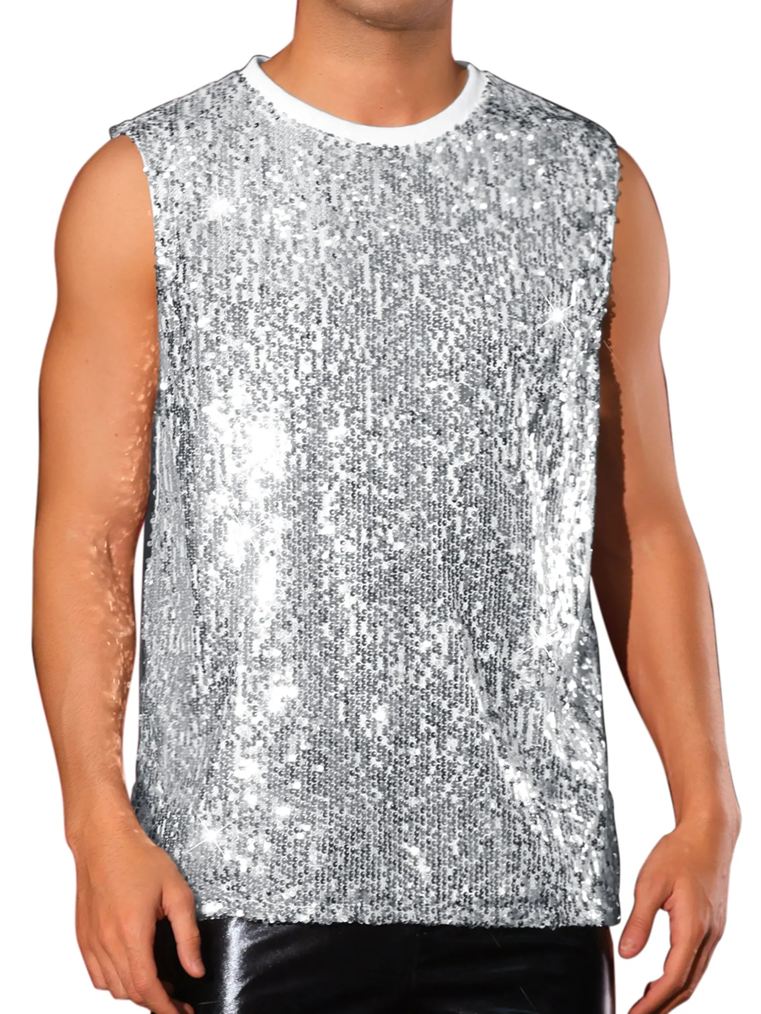 Men's Sequin Sleeveless Round Neck Glitter Disco Sparkly Metallic Party Tank Top