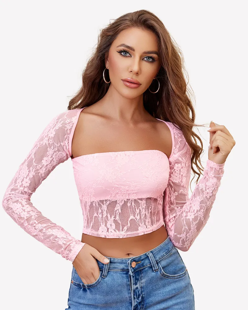 Mesh Tops Lace Long Sleeve Crop Top Shirt