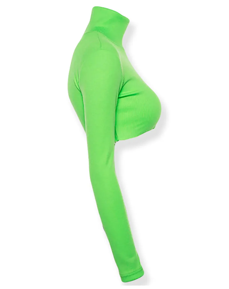 Neon Long Sleeve Turtle Neck Knitted Crop Top Shirt