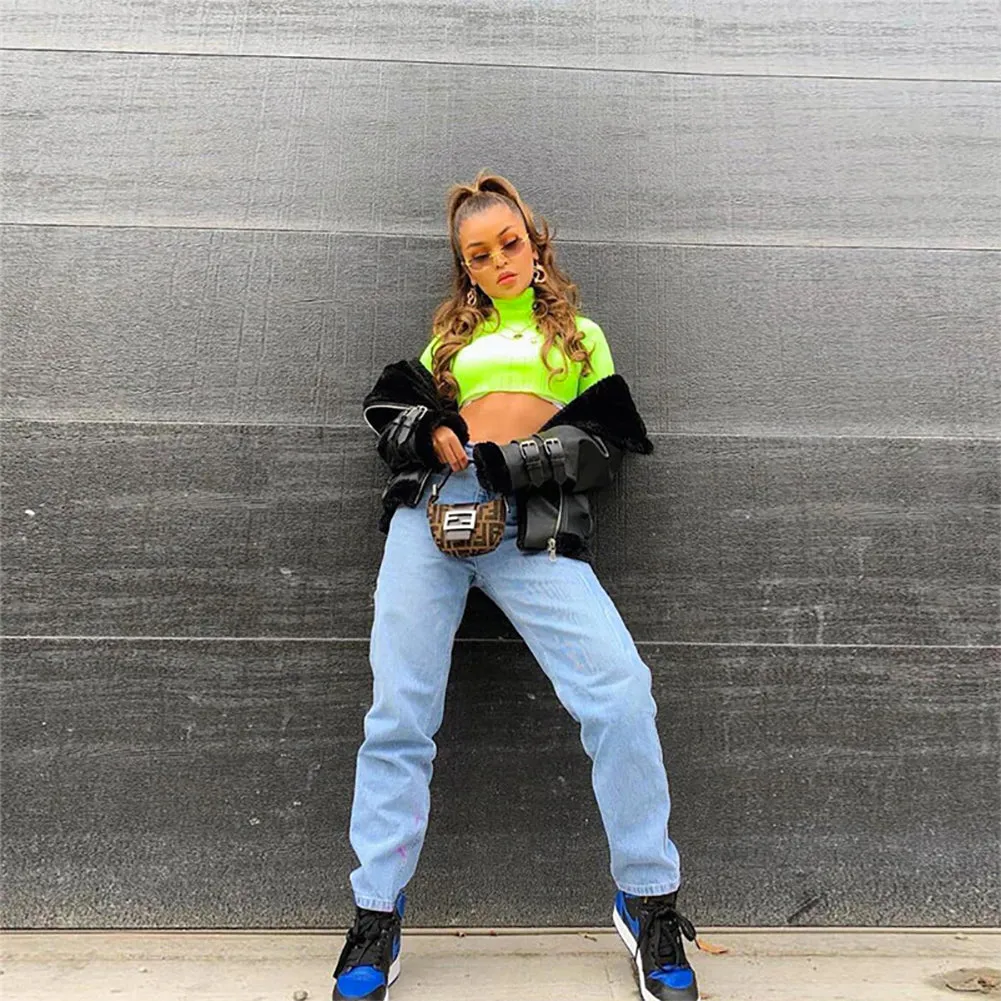 Neon Long Sleeve Turtle Neck Knitted Crop Top Shirt