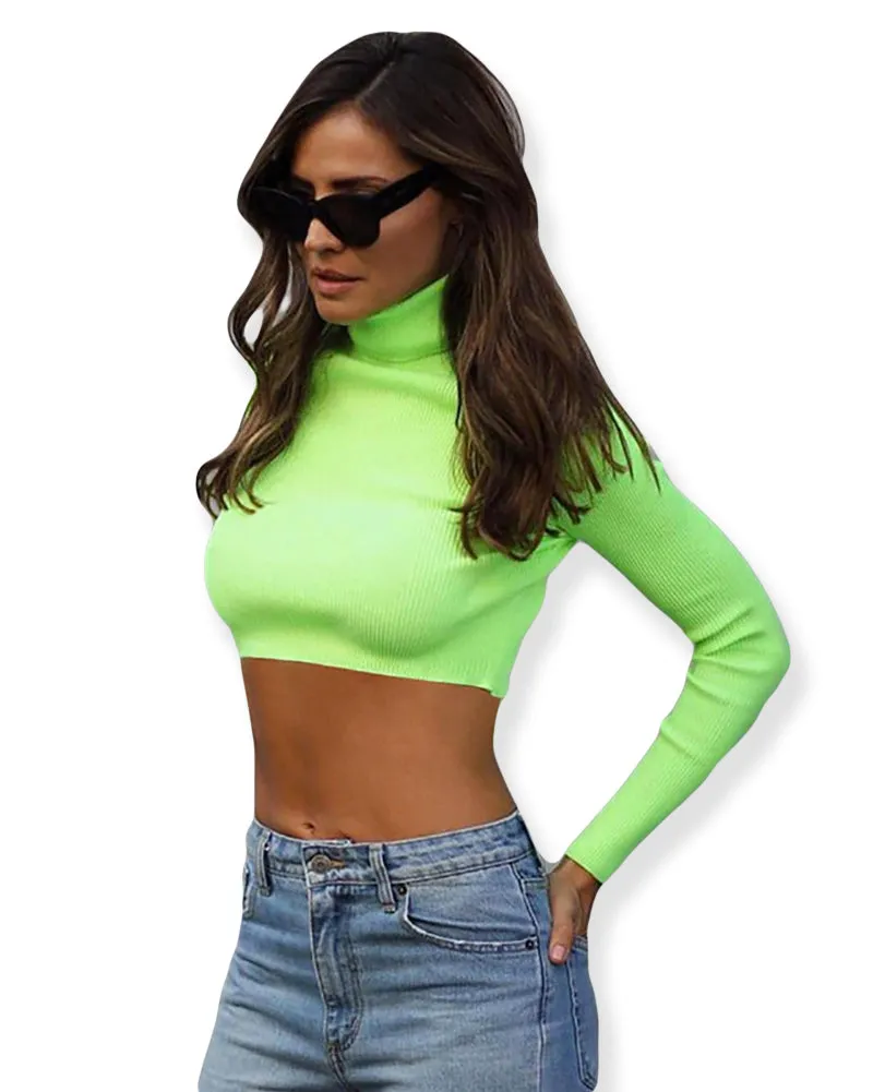 Neon Long Sleeve Turtle Neck Knitted Crop Top Shirt