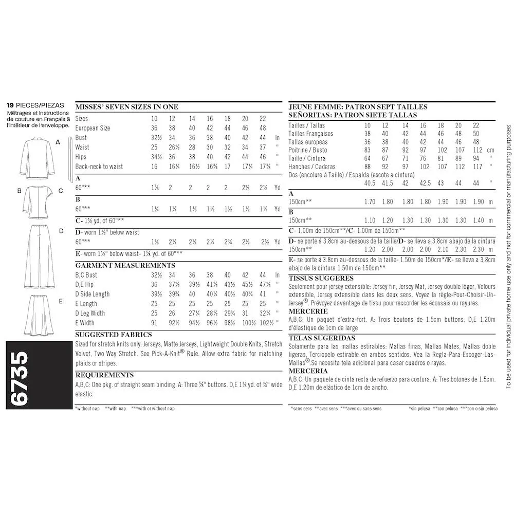 Newlook Pattern 6735 Misses Knit Cardigan, Tops, Pants and Skirt