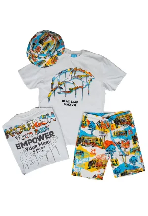 Nourish Your Body Shirt, 24 Hour Diner AOP Shorts, and 24 Hour Reversible Diner Bucket Hat Bundle