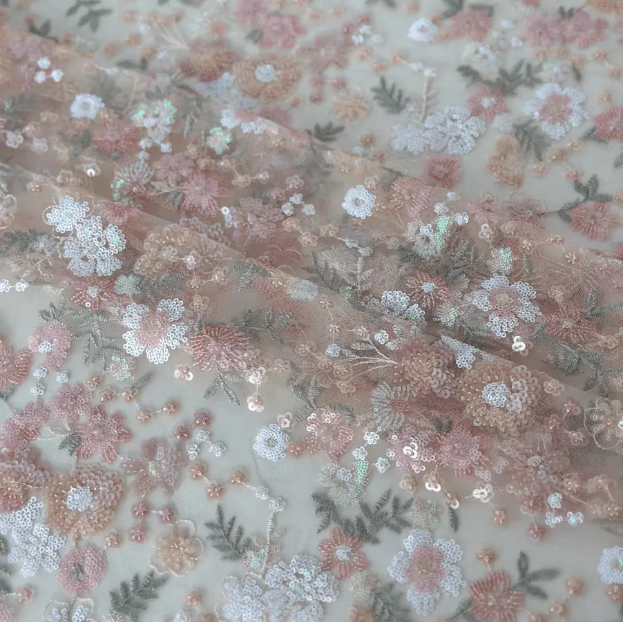 Pink Floral Sequin Embroidered Tulle Lace Fabric