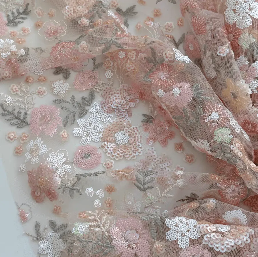Pink Floral Sequin Embroidered Tulle Lace Fabric