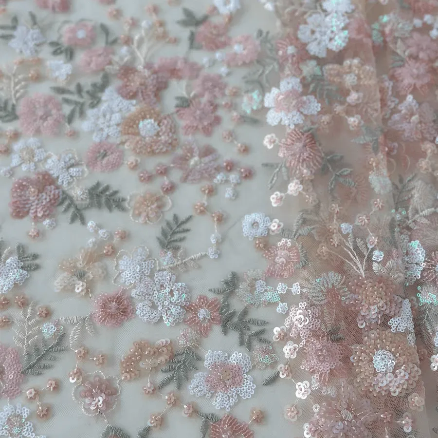 Pink Floral Sequin Embroidered Tulle Lace Fabric