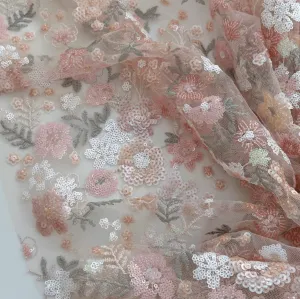 Pink Floral Sequin Embroidered Tulle Lace Fabric