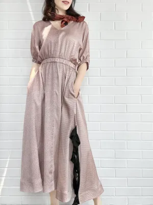 Pink Ruffle Side Slit V-Neck Dress w/Removable Silky Scarf