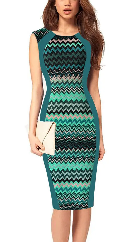 Print Sleeveless Bodycon Scoop Knee-length Dress