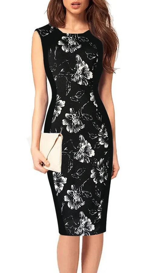 Print Sleeveless Bodycon Scoop Knee-length Dress