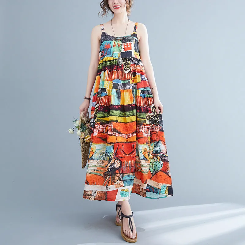 Printed Long Length Belted Big Lightweight Summer Dress