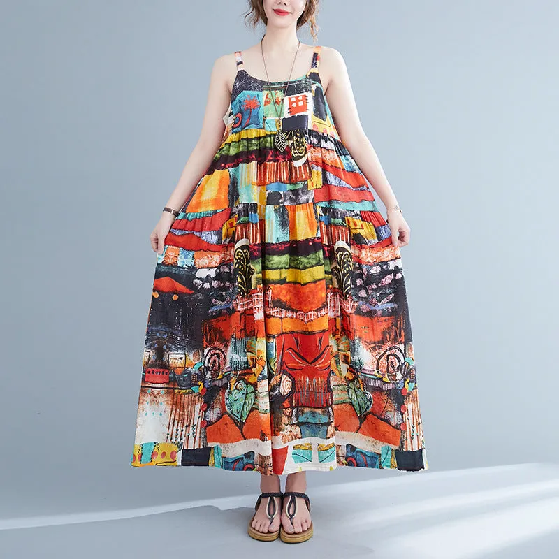 Printed Long Length Belted Big Lightweight Summer Dress