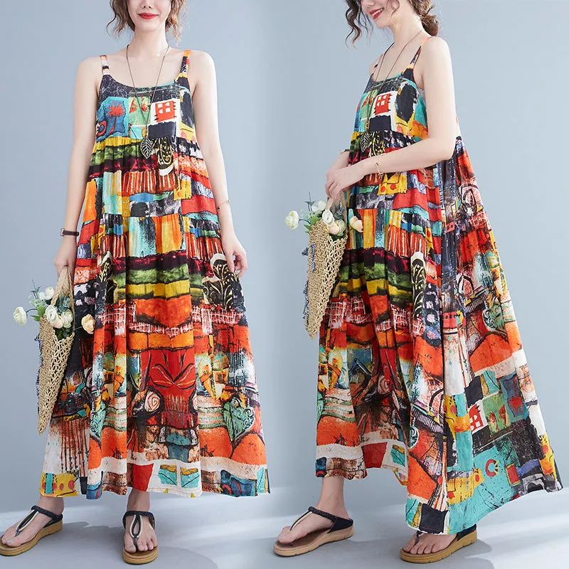 Printed Long Length Belted Big Lightweight Summer Dress