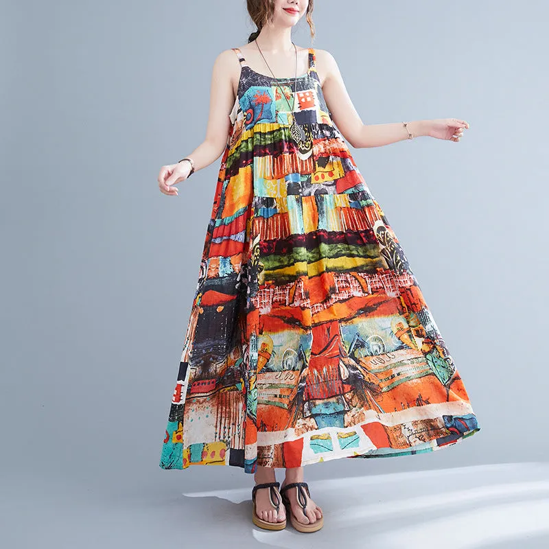 Printed Long Length Belted Big Lightweight Summer Dress