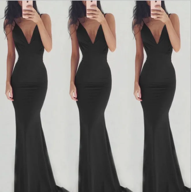 Pure Color Spaghetti Straps Long Backless Party Dress