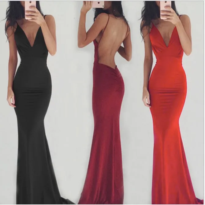 Pure Color Spaghetti Straps Long Backless Party Dress