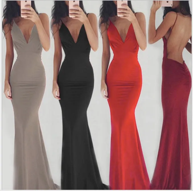 Pure Color Spaghetti Straps Long Backless Party Dress