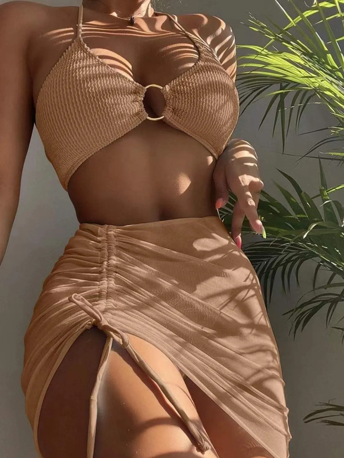 Ring Halter Bikini With Skirt Three Piece Swim Set